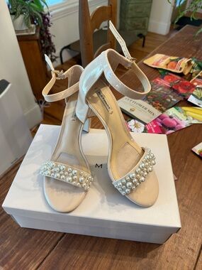 Alex Marie Pearl-Embellished Ankle Strap Heels in Nude Patent